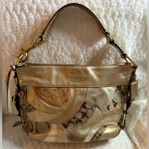 Coach Zoe Signature Patchwork Metallic Gold and Brown Shoulder Bag